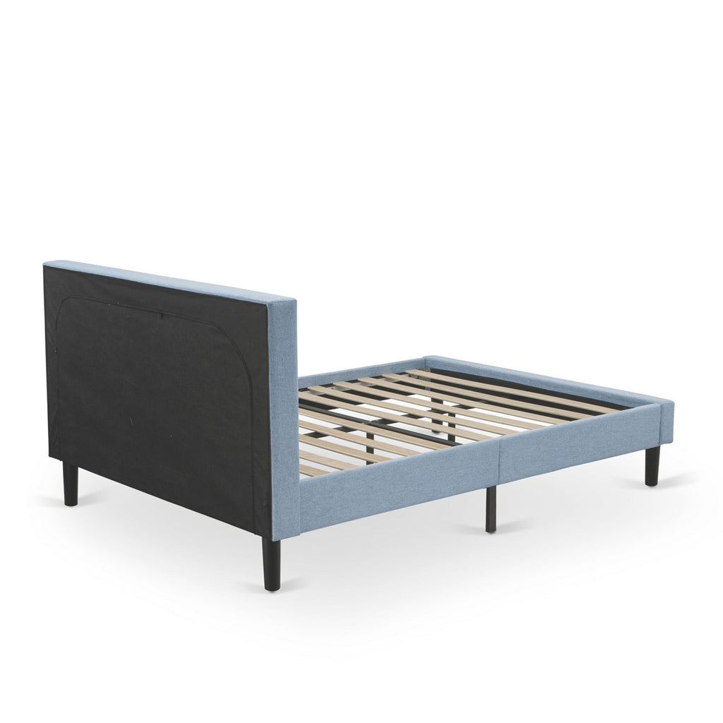 FN11Q-2VL0C 3-Piece Platform Wooden Set for Bedroom with 1 Queen Bedframe and 2 Modern Nightstands - Reliable and Sturdy Manufacturing - Denim Blue Linen Fabric