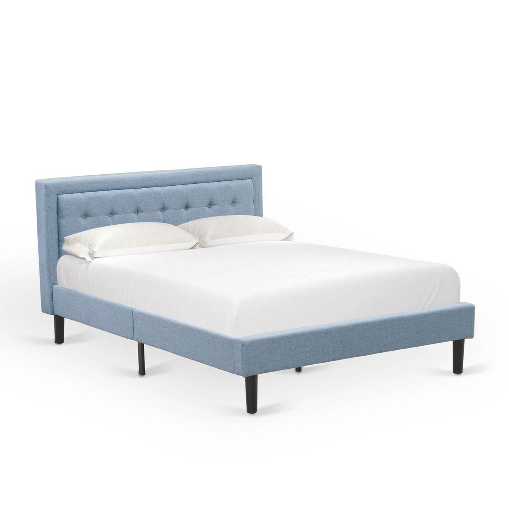 East West Furniture FN11Q-2GO15 3-Piece Platform Bed Set with 1 Mid Century Bed and 2 Small Nightstands - Reliable and Durable Manufacturing - Denim Blue Linen Fabric
