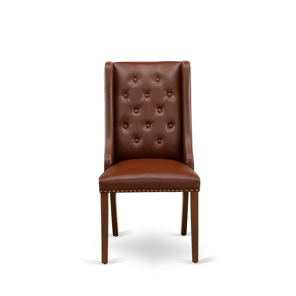 East West Furniture FOP3T46 Forney Parsons Dining Chairs - Button Tufted Nailhead Trim Brown Faux Faux Leather Upholstered Chairs, Set of 2, Mahogany