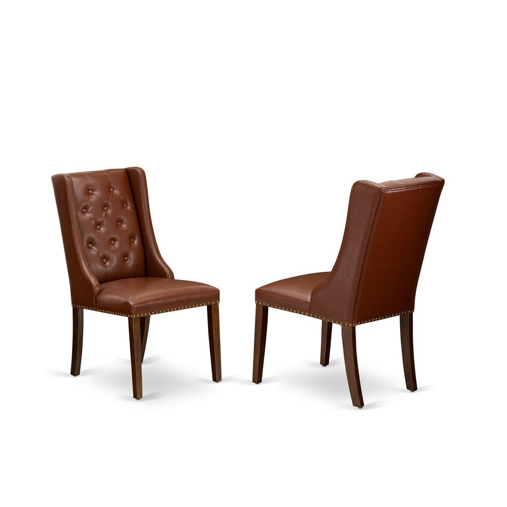 East West Furniture FOP3T46 Forney Parsons Dining Chairs - Button Tufted Nailhead Trim Brown Faux Faux Leather Upholstered Chairs, Set of 2, Mahogany