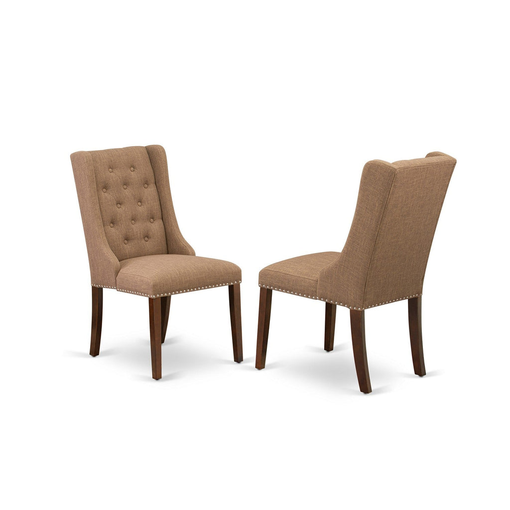 East West Furniture FOP3T47 Forney Parsons Dining Chairs - Button Tufted Nailhead Trim Light Sable Linen Fabric Upholstered Chairs, Set of 2, Mahogany
