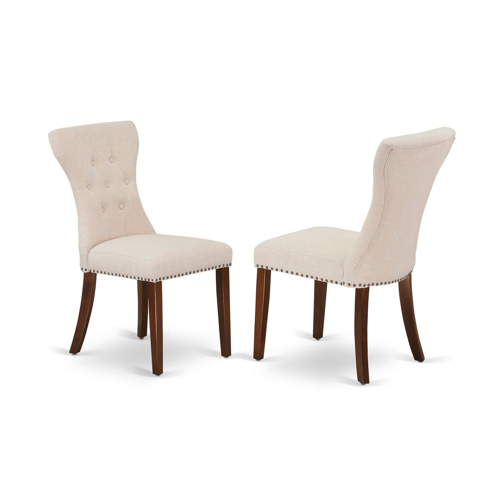 East West Furniture GAP3T32 Gallatin Parsons Dining Chairs - Button Tufted Nailhead Trim Light Beige Linen Fabric Padded Chairs, Set of 2, Mahogany