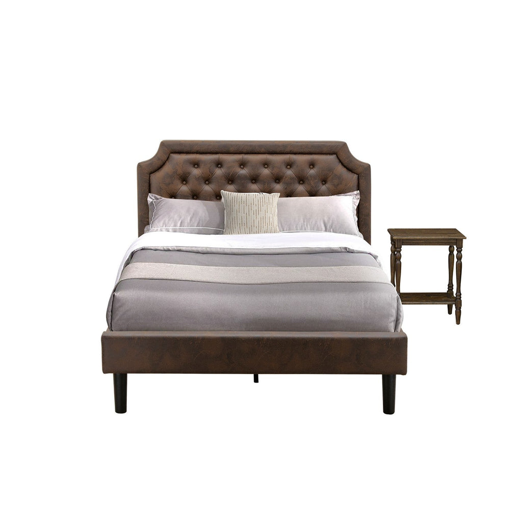 GB25F-1BF07 2-Piece Platform Full Bedroom Set with a Button Tufted Full Bed and 1 Distressed Jacobean Modern Nightstand - Dark Brown Faux Leather with Black Texture and Black Legs