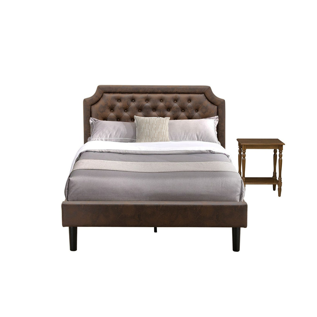 GB25F-1BF08 2-Piece Platform Full Bed Set with Button Tufted Full Size Bed Frame and an Antique Walnut Small End Table - Dark Brown Faux Leather with Black Texture and Black Legs