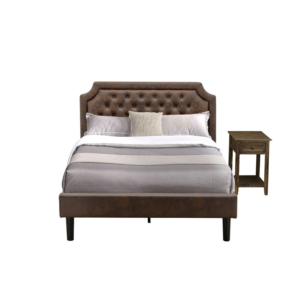 GB25F-1DE07 2-Pc Bed Set with Button Tufted Full Size Bed and a Distresses Jacobean Mid Century Modern Nightstand - Dark Brown Faux Leather with Black Texture and Black Legs