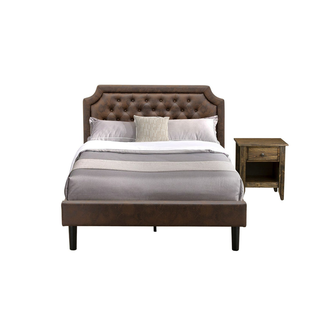 GB25F-1GA07 2-Piece Granbury Bedroom Set with Button Tufted Full Bed Frame and a Distressed Jacobean End Tables - Dark Brown Faux Leather with Black Texture and Black Legs