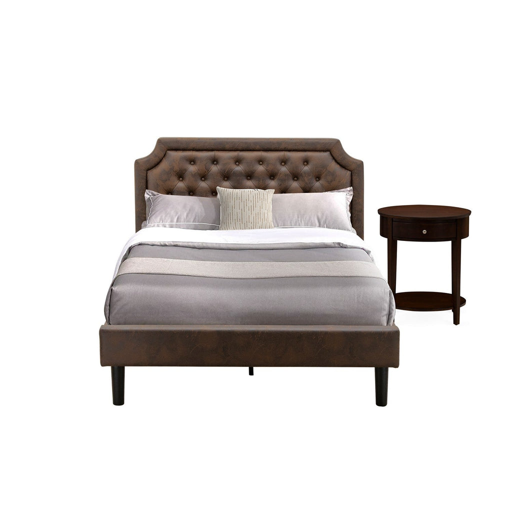 GB25F-1HI0M 2-Piece Platform Bedroom Set with Button Tufted Full Size Bed Frame and an Antique Mahogany End Table - Dark Brown Faux Leather with Black Texture and Black Legs