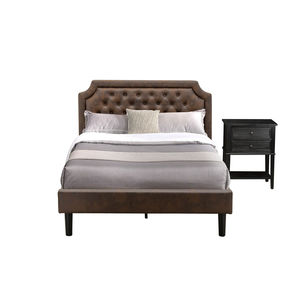 GB25F-1VL06 2-Piece Platform Wooden Set for Bedroom with a Full Bed and 1 Wirebrushed Black Night Stands - Dark Brown Faux Leather with Black Texture and Black Legs
