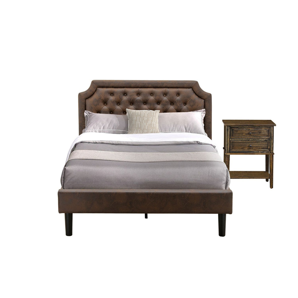 GB25F-1VL07 2-Piece Granbury Bedroom Furniture Set with a Platform Bed and 1 Distressed Jacobean Night Stand - Dark Brown Faux Leather with Black Texture and Black Legs
