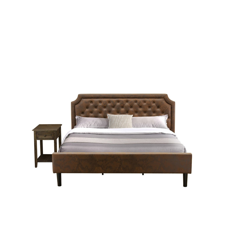 East West Furniture GB25K-1DE07 2-Pc Granbury King Size Bedroom Set with Button Tufted King Frame and 1 Distressed Jacobean Small End Table - Dark Brown Faux Leather with Black Texture and Black Legs