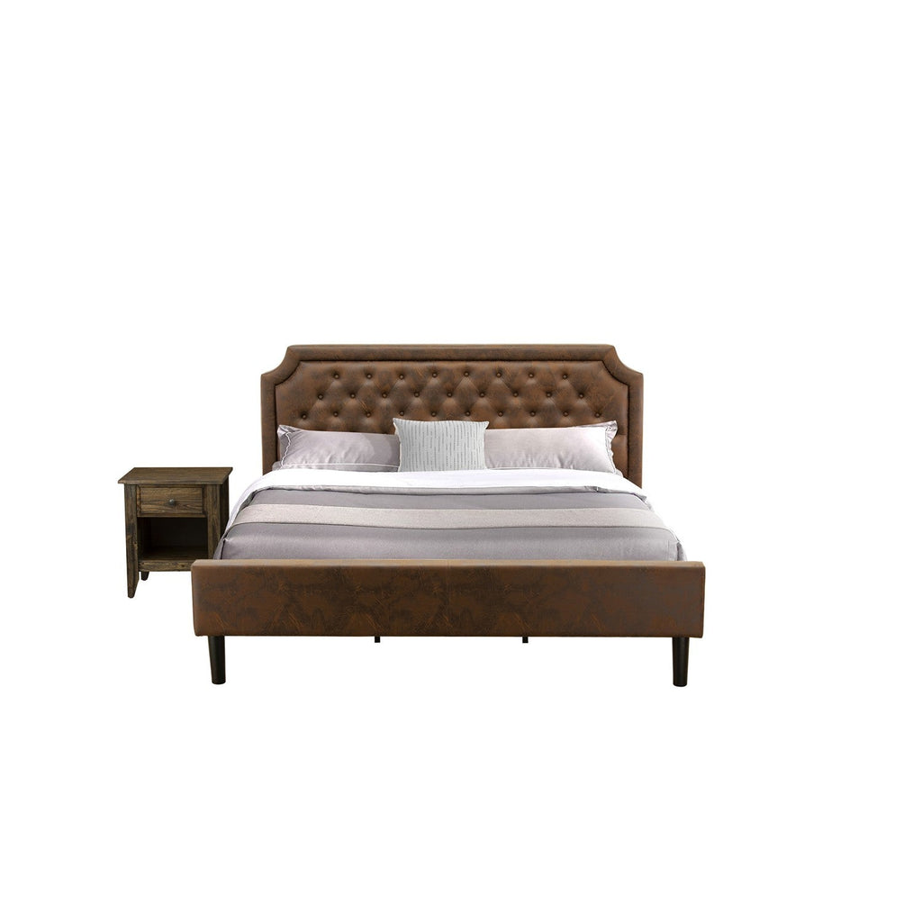 East West Furniture GB25K-1GA07 2-Piece King Bedroom Furniture set with Button Tufted Upholstered Bed and 1 Distressed Jacobean Nightstand - Dark Brown Faux Leather with Black Texture and Black Legs