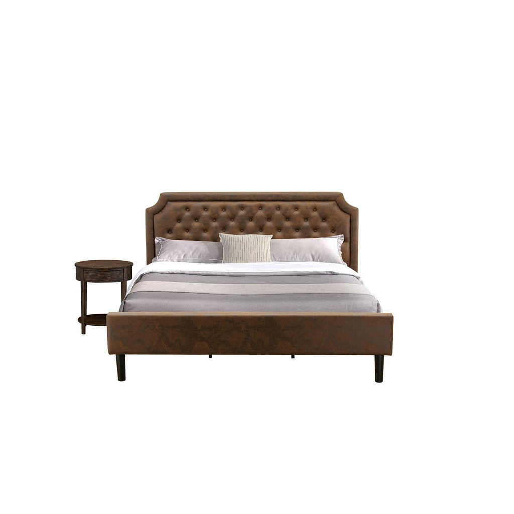East West Furniture GB25K-1HI07 2-Piece King Size Bed Set with Button Tufted Bed Frame and 1 Distressed Jacobean End Table for bedroom - Dark Brown Faux Leather with Black Texture and Black Legs