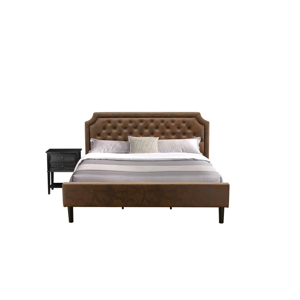 East West Furniture GB25K-1VL06 2-Piece Granbury King Bedroom Furniture set with a King Bed and 1 Wire Brushed Black End Table - Dark Brown Faux Leather with Black Texture and Black Legs