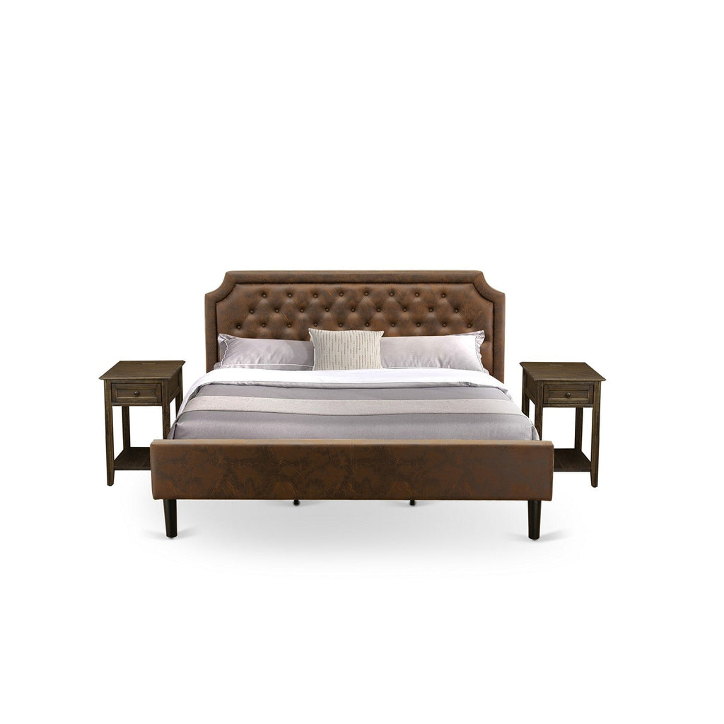 East West Furniture GB25K-2DE07 3-Pc Platform Wooden Set with Button Tufted Upholstered Bed and 2 Distressed Jacobean Night Stands - Dark Brown Faux Leather with Black Texture and Black Legs
