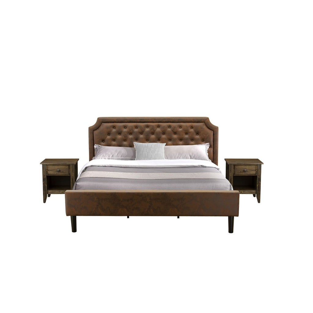 East West Furniture GB25K-2GA07 3-Pc Platform Bedroom set with Button Tufted King Size Bed Frame and 2 Distressed Jacobean End Table - Dark Brown Faux Leather with Black Texture and Black Legs