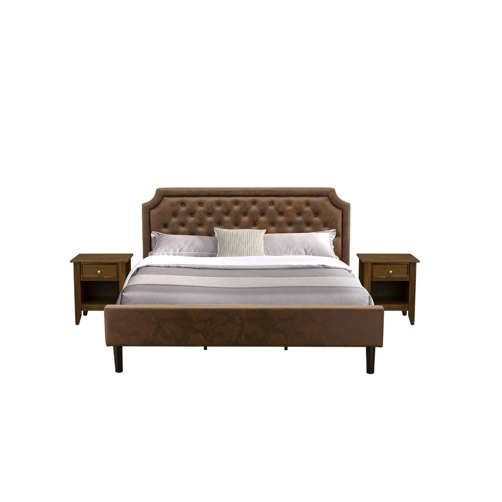 East West Furniture GB25K-2GA08 3-Piece Bedroom Set with Button Tufted King Size Bed and 2 Antique Walnut Mid Century Modern Nightstands - Dark Brown Faux Leather with Black Texture and Black Legs