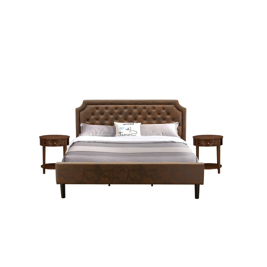 East West Furniture GB25K-2HI08 3-Piece Platform King Size Bed Set with Button Tufted Upholstered Bed and 2 Antique Walnut End Tables - Dark Brown Faux Leather with Black Texture and Black Legs