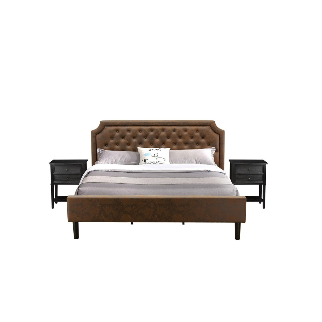 East West Furniture GB25K-2VL06 3-Piece Granbury King Bedroom Set with a Bed Frame and 2 Wire Brushed Black Night Stands For Bedrooms - Dark Brown Faux Leather with Black Texture and Black Legs