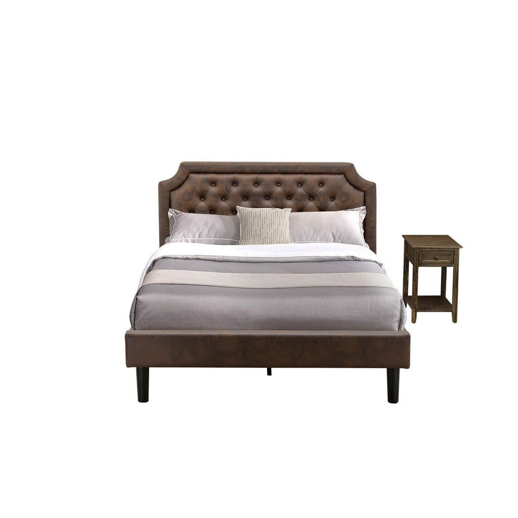 GB25Q-1DE07 2-Piece Queen Bed Set Furniture with Button Tufted Platform Bed and 1 Distressed Jacobean Bedroom Nightstand - Dark Brown Faux Leather with Black Texture and Black Legs