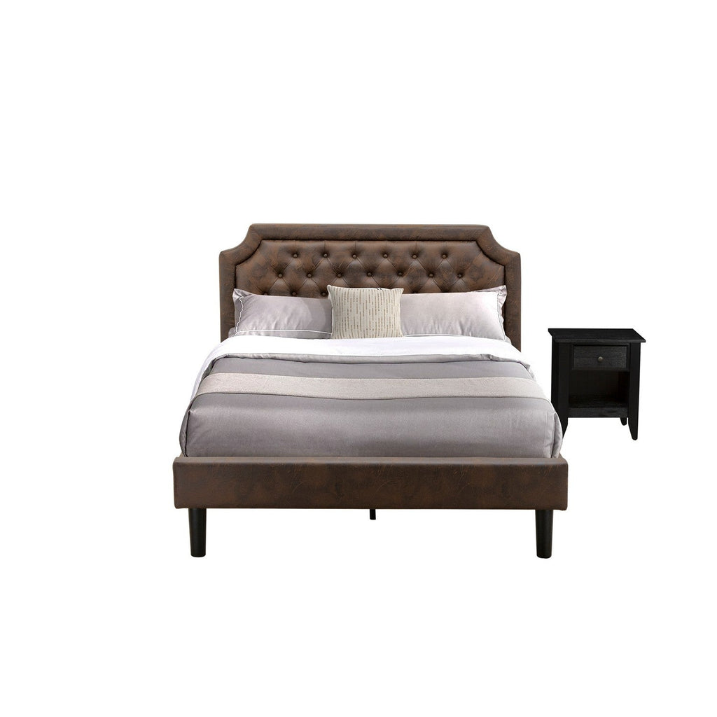 GB25Q-1GA06 2-Piece Platform Bed Set with Button Tufted Queen Bed Frame and 1 Wire brushed Black Small Nightstand - Dark Brown Faux Leather with Black Texture and Black Legs