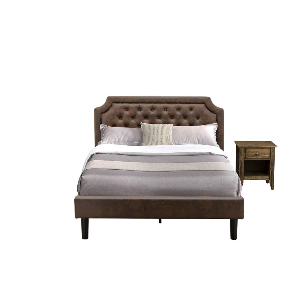 GB25Q-1GA07 2-Piece Granbury Wooden Set for Bedroom with Button Tufted Modern Bed and 1 Distressed Jacobean Night Stand - Dark Brown Faux Leather with Black Texture and Black Legs