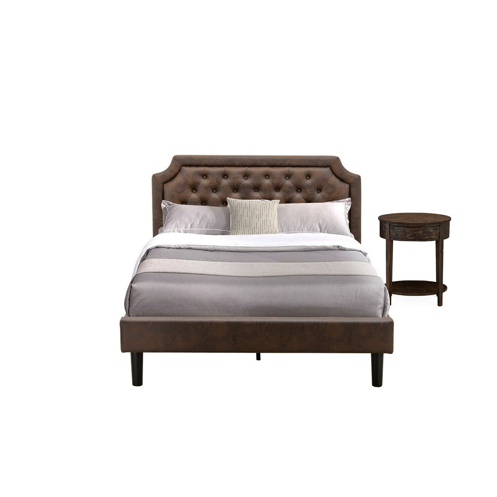 GB25Q-1HI07 2-Piece Platform Bedroom Set with Button Tufted Queen Frame and 1 Distressed Jacobean End Table for bedroom - Dark Brown Faux Leather with Black Texture and Black Legs