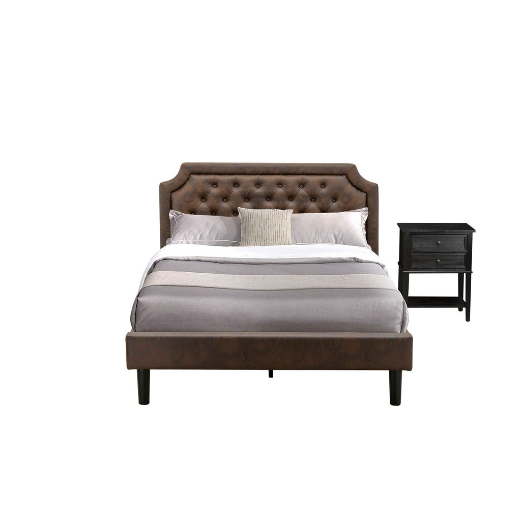 GB25Q-1VL06 2-Piece Granbury Bedroom Furniture Set with a Platform Bed and 1 Wire brushed Black End Tables - Dark Brown Faux Leather with Black Texture and Black Legs