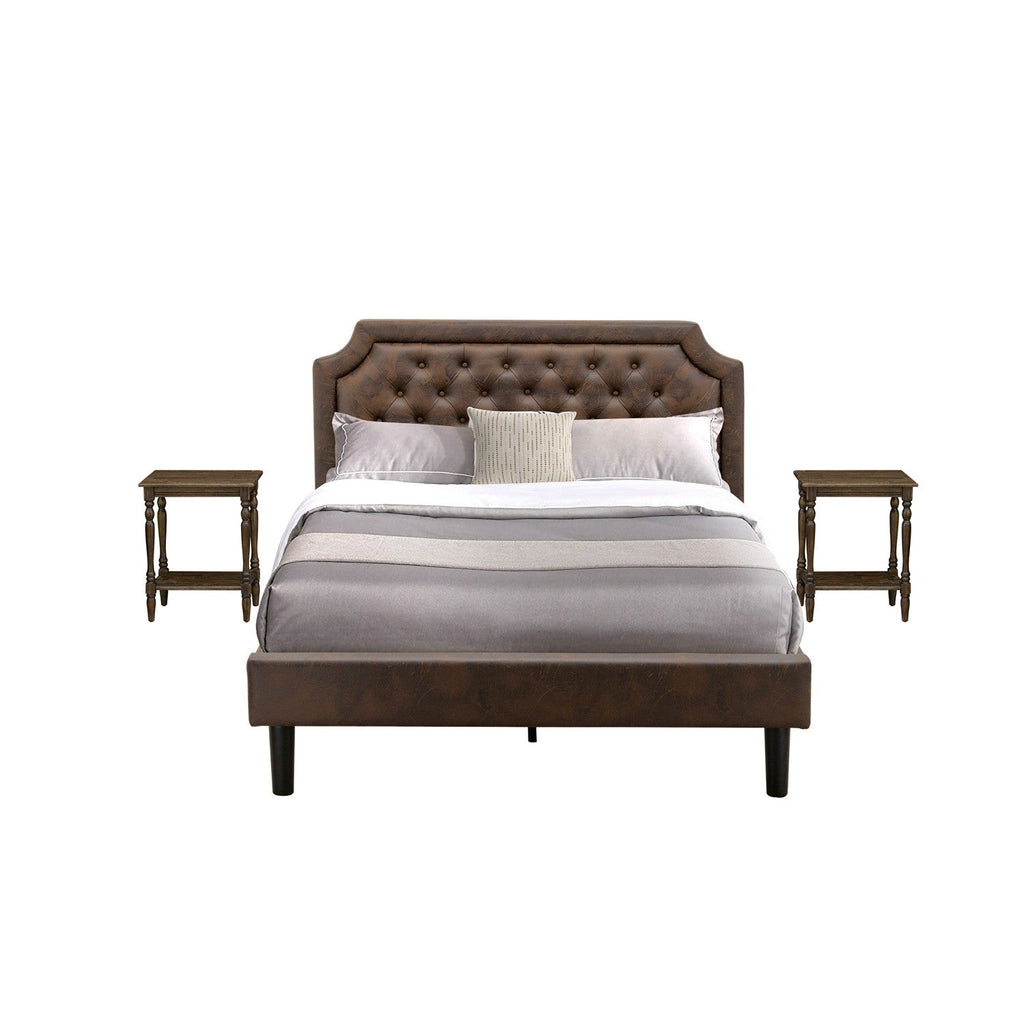 GB25Q-2BF07 3-Pc Granbury Queen Bed Set with Button Tufted Queen Size Frame and 2 Distressed Jacobean Modern Nightstands - Dark Brown Faux Leather with Black Texture and Black Legs