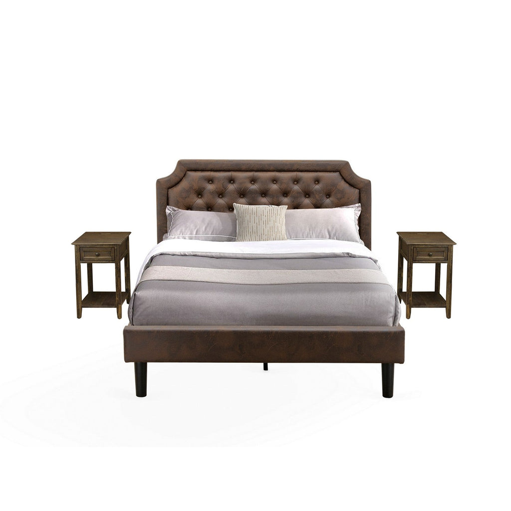 GB25Q-2DE07 3-Piece Granbury Bed Set with Button Tufted Wood Bed Frame and 2 Distressed Jacobean Night Stands - Dark Brown Faux Leather with Black Texture and Black Legs