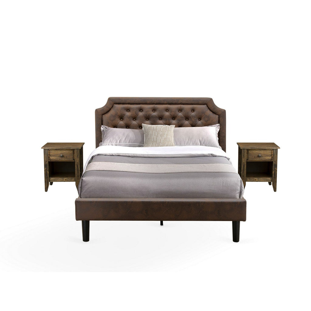 GB25Q-2GA07 3-Pc Queen Bed Set with Button Tufted Bed Frame and 2 Distressed Jacobean Mid Century Modern Nightstands - Dark Brown Faux Leather with Black Texture and Black Legs
