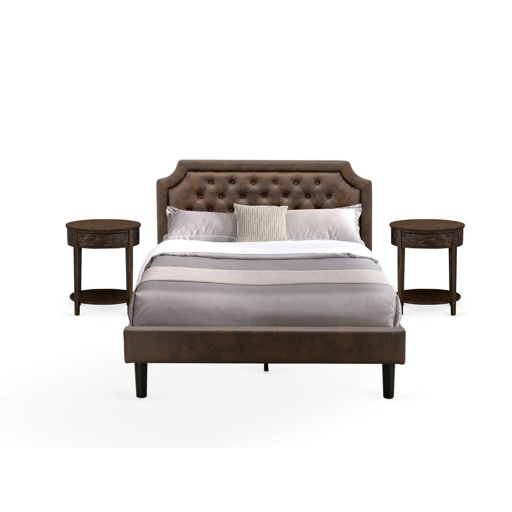 GB25Q-2HI07 3-Piece Granbury Bedroom Set with Button Tufted Queen Size Frame and 2 Distressed Jacobean End Tables - Dark Brown Faux Leather with Black Texture and Black Legs