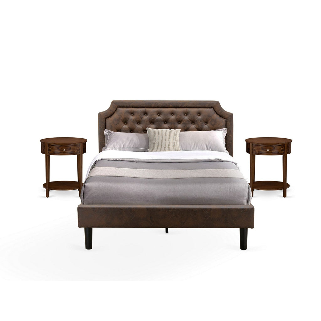 GB25Q-2HI08 3-Piece Platform Bedroom Set with Button Tufted Queen Bedframe and 2 Antique Walnut End Tables - Dark Brown Faux Leather with Black Texture and Black Legs