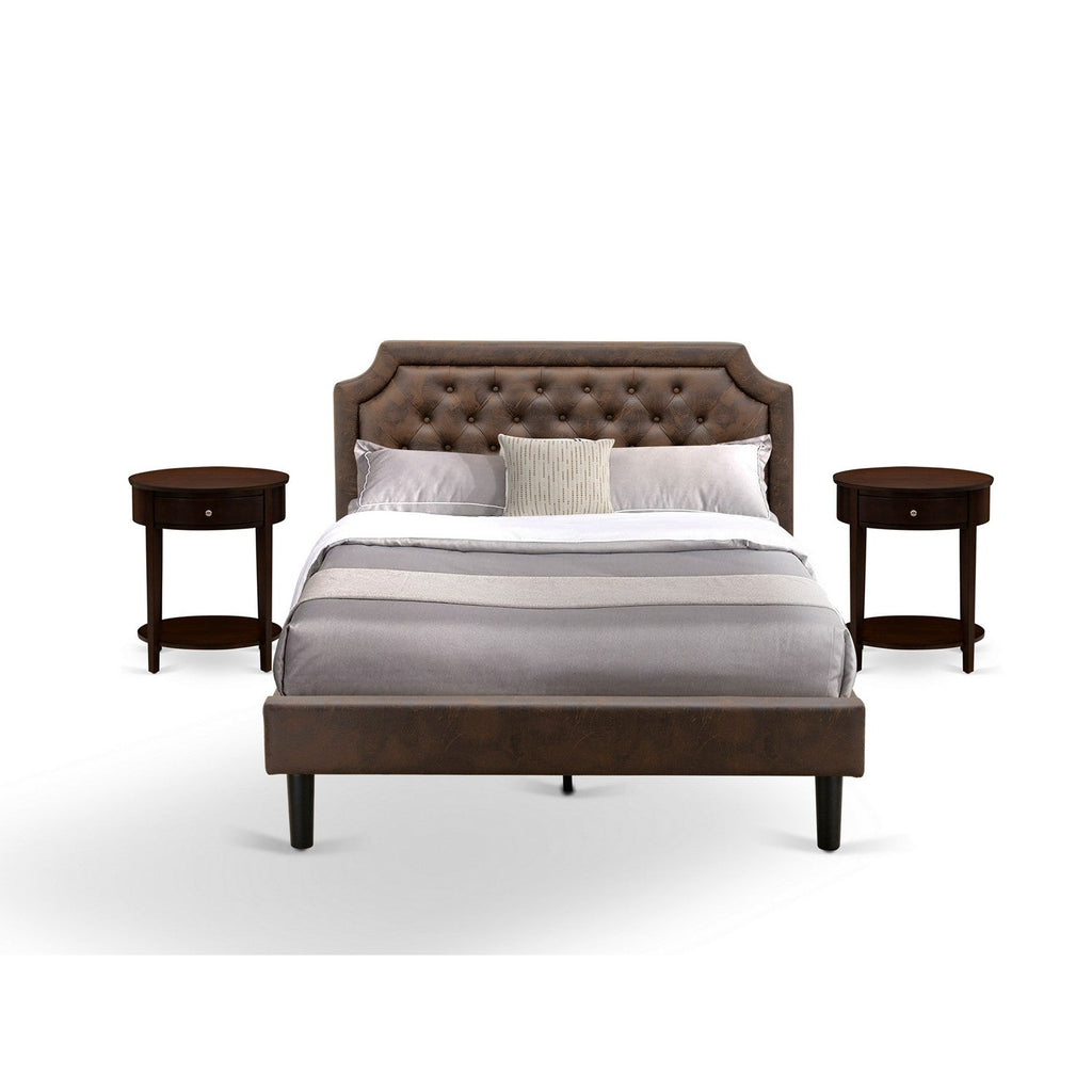 GB25Q-2HI0M 3-Pc Platform Wooden Set for Bedroom with Button Tufted Queen Size Bed Frame and 2 Antique Mahogany Night Stands - Dark Brown Faux Leather with Black Texture and Black Legs