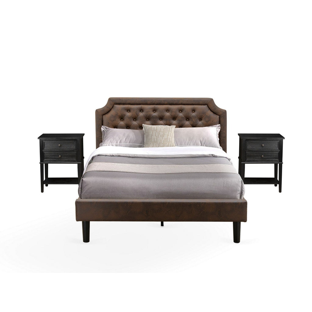 GB25Q-2VL06 3-Piece Granbury Queen Bedroom Set with Wood Bed Frame and 2 Wire Brushed Black End Tables for bedroom - Dark Brown Faux Leather with Black Texture and Black Legs