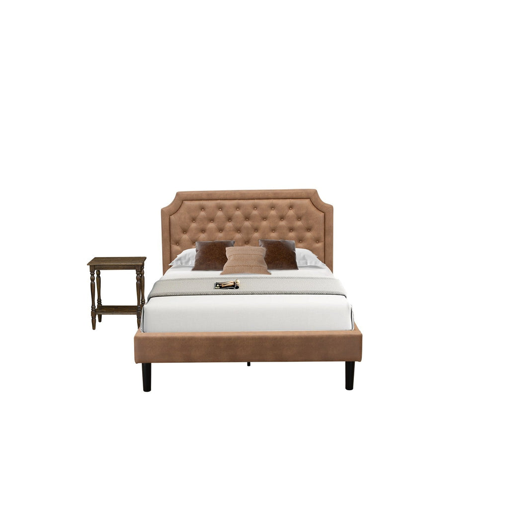 GB28F-1BF07 2-Piece Platform Bedroom Set with Button Tufted Bed Frame and a Distressed Jacobean Mid Century Modern Nightstand - Brown Faux Leather with Brown Texture and Black Legs