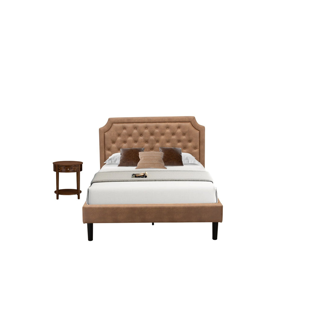 GB28F-1HI08 2-Piece Platform Bed Set with Button Tufted Full Size Bed Frame and an Antique Walnut End Table for Bedroom - Brown Faux Leather with Brown Texture and Black Legs