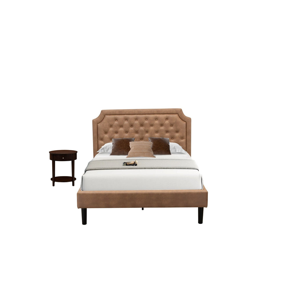 GB28F-1HI0M 2-Piece Platform Full Bed Set with Button Tufted Bed Frame and an Antique Mahogany Mid Century Modern Nightstand - Brown Faux Leather with Brown Texture and Black Legs
