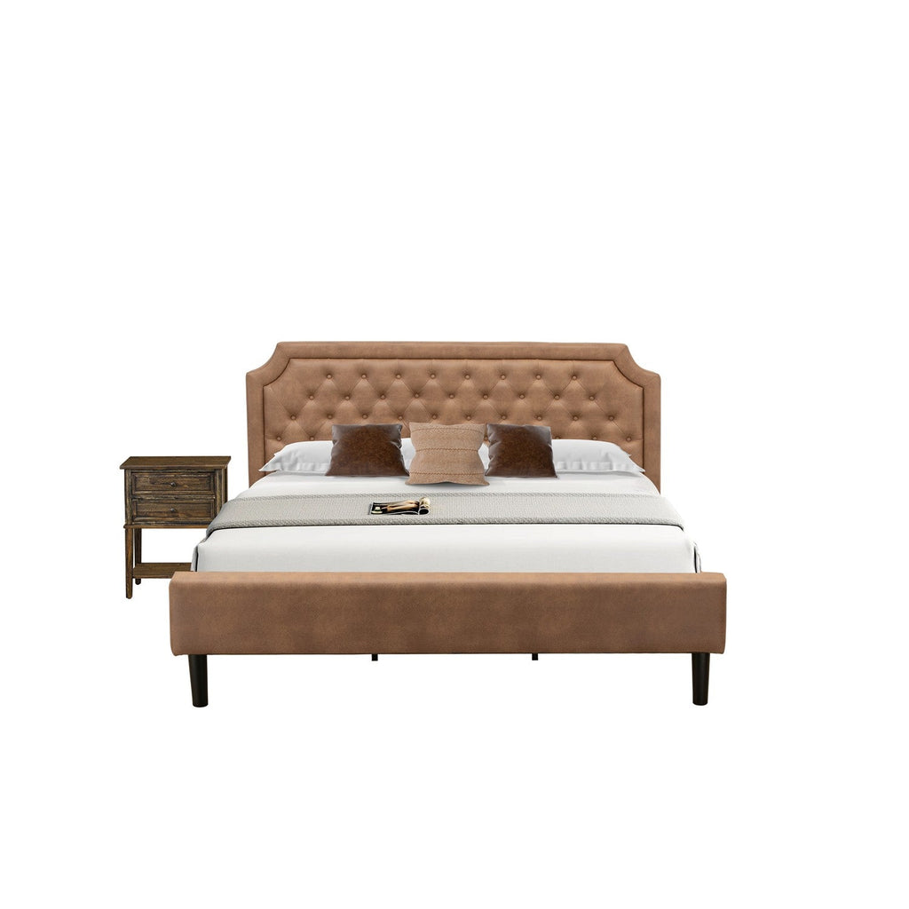 GB28K-1VL07 2-Piece Platform Wooden Set for Bedroom with a Bed Frame and 1 Distressed Jacobean Mid Century Nightstand - Brown Faux Leather with Brown Texture and Black Legs