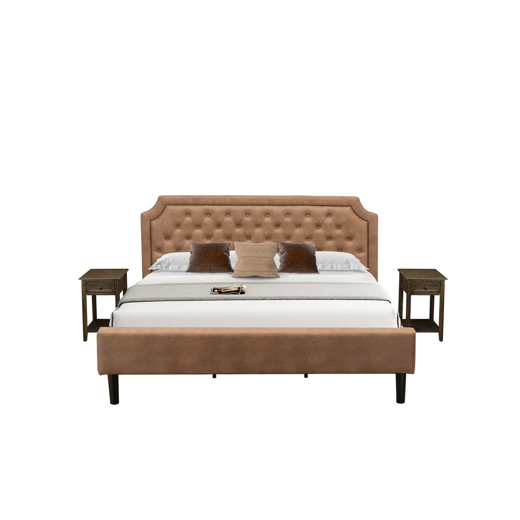 GB28K-2DE07 3-Pc Platform King Size Bed Set with Button Tufted Bed Frame and 2 Distressed Jacobean Mid Century Nightstands - Brown Faux Leather with Brown Texture and Black Legs