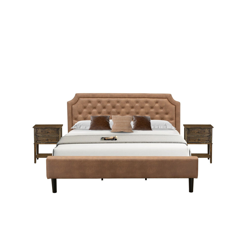 GB28K-2VL07 3-Piece Granbury Bed Set with a King Bedframe and 2 Distressed Jacobean Night Stand - Brown Faux Leather with Brown Texture and Black Legs