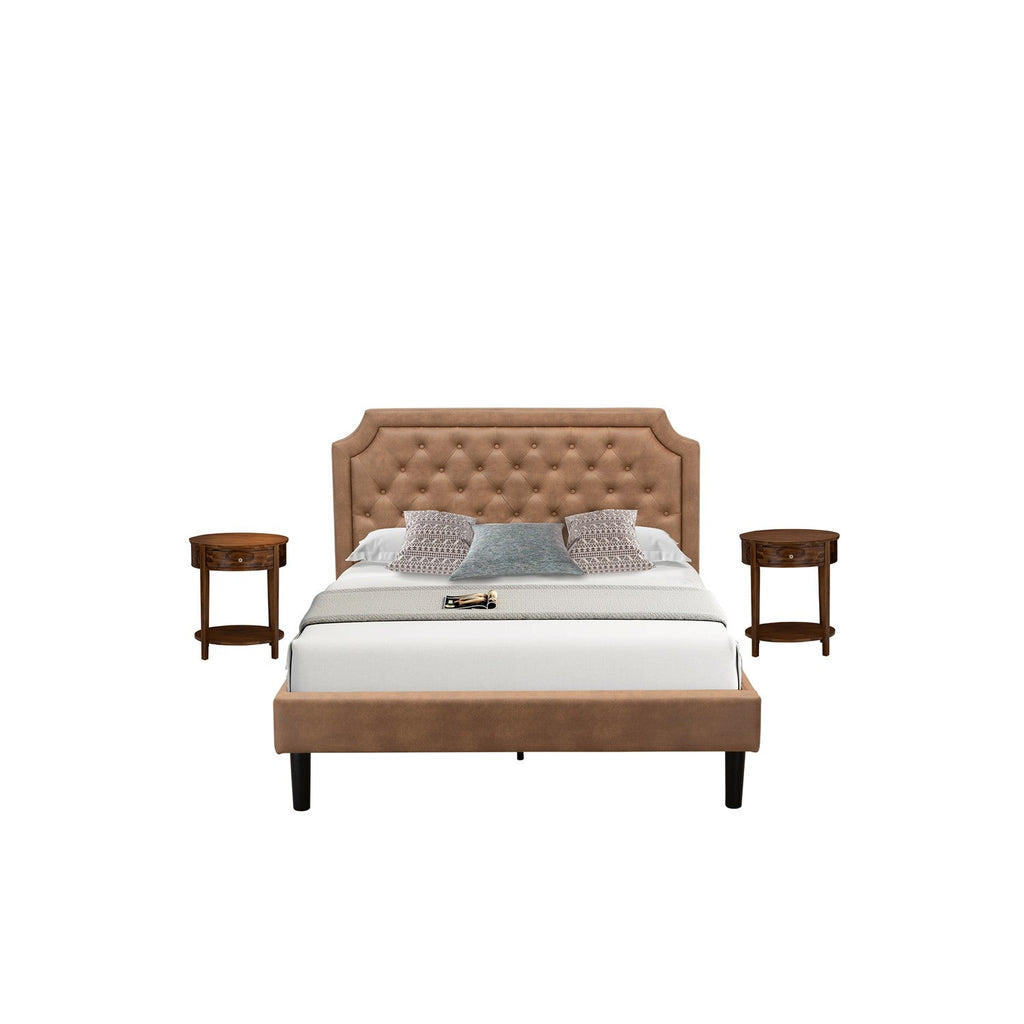 GB28Q-2HI08 3-Pc Platform Queen Bed Set with Button Tufted Wood Bed Frame and 2 Antique Walnut Mid Century Nightstands - Brown Faux Leather with Brown Texture and Black Legs