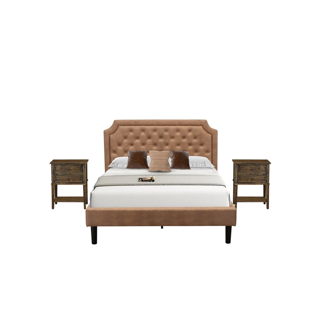 GB28Q-2VL07 3-Piece Granbury Bed Set with a Queen Bed Frame and 2 Distressed Jacobean Night Stands - Brown Faux Leather with Brown Texture and Black Legs