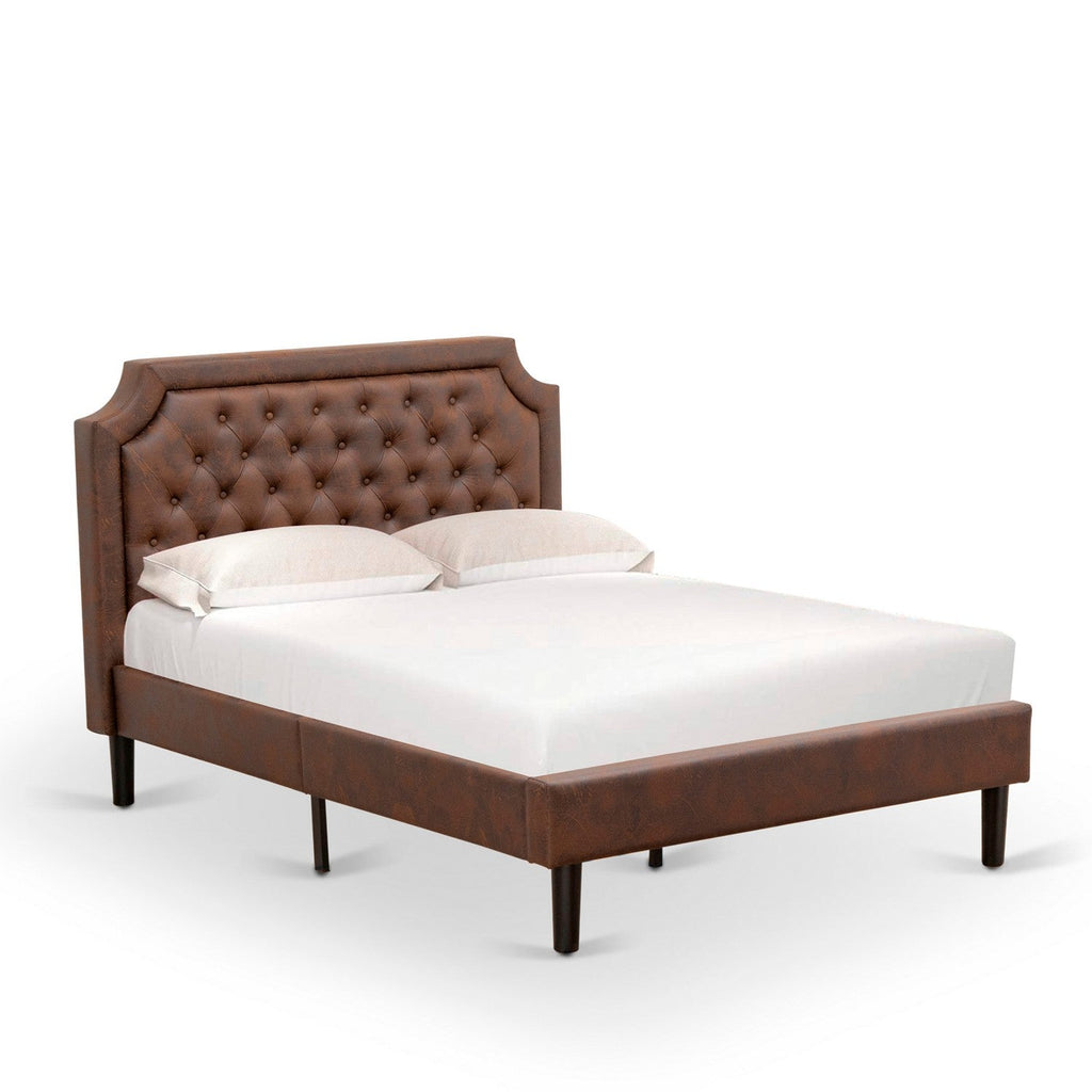GB25F-1HI07 2-Piece Platform Full Size Bed Set with Button Tufted Upholstered Bed and a Distressed Jacobean Night Stand - Dark Brown Faux Leather with Black Texture and Black Legs