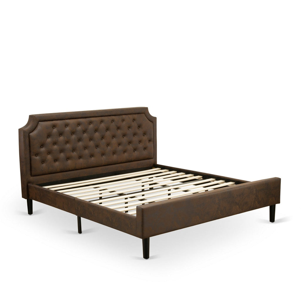 East West Furniture GB25K-1GA06 2-Pc Granbury Bed Set with Button Tufted Platform Bed and 1 Wire Brushed Black Mid Century Modern Nightstand - Dark Brown Faux Leather with Black Texture and Black Legs