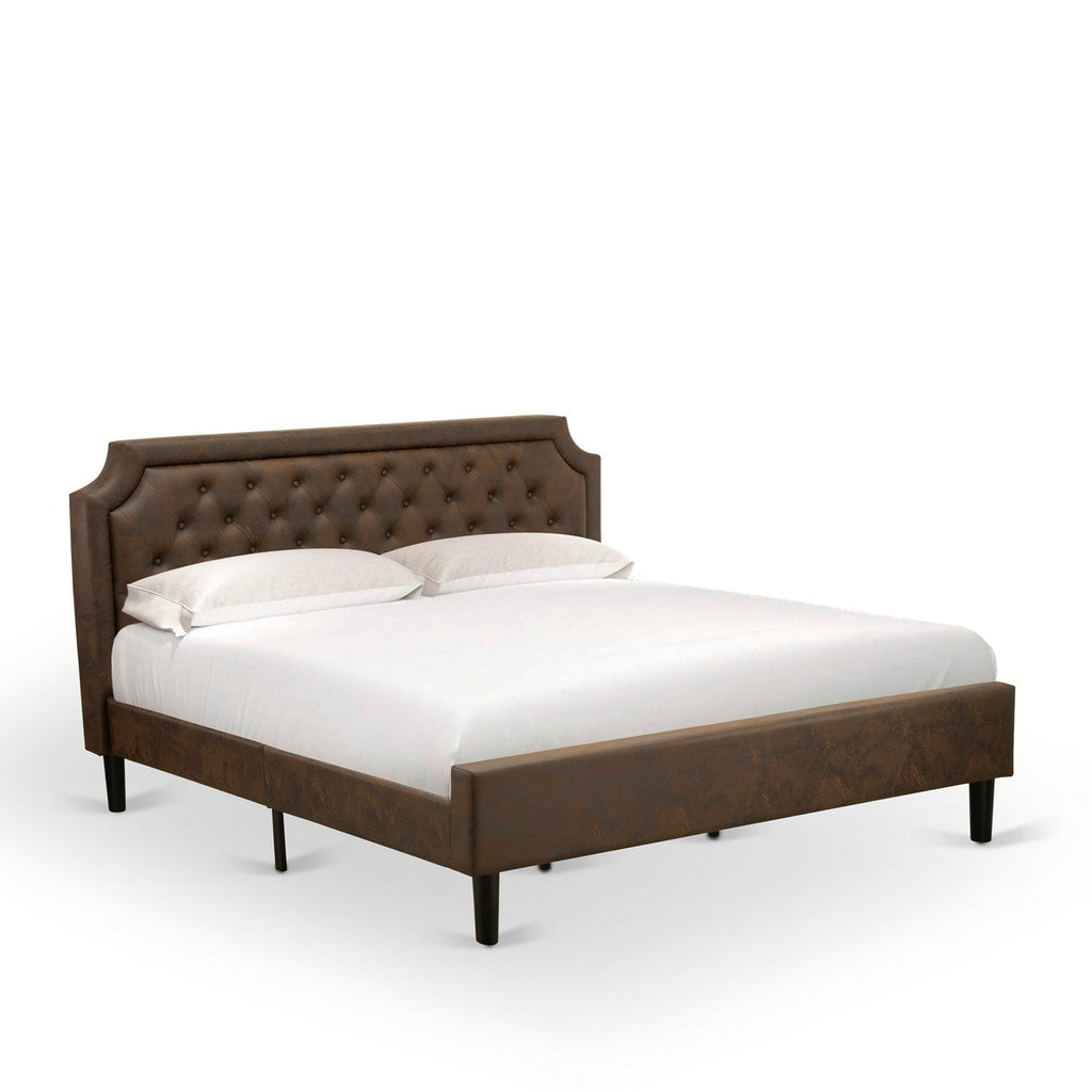 East West Furniture GB25K-2HI0M 3-Piece Granbury Bed Set with Button Tufted Mid Century Bed and 2 Antique Mahogany End Tables for bedroom - Dark Brown Faux Leather with Black Texture and Black Legs