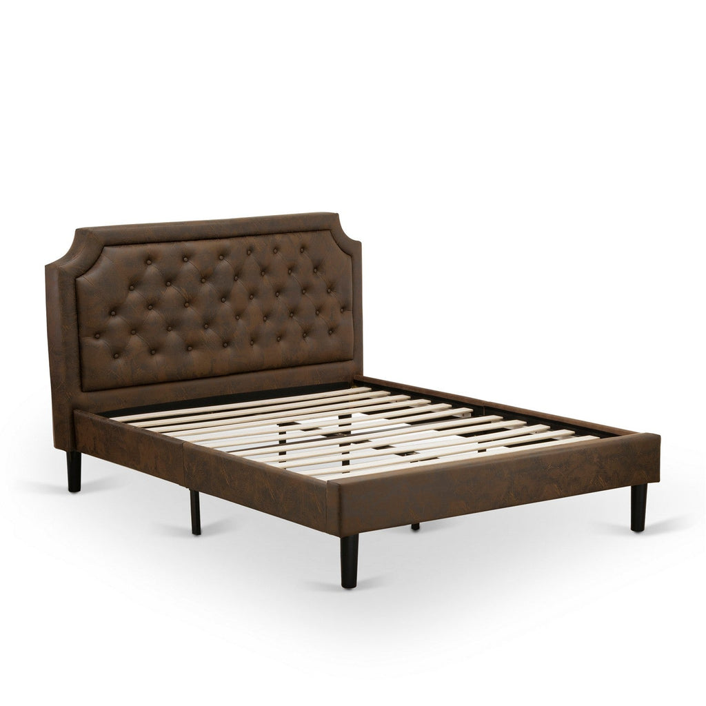 GB25Q-1GA08 2-Pc Bed Set with Button Tufted Queen Size Bed and 1 Antique Walnut Mid Century Modern Nightstand - Dark Brown Faux Leather with Black Texture and Black Legs