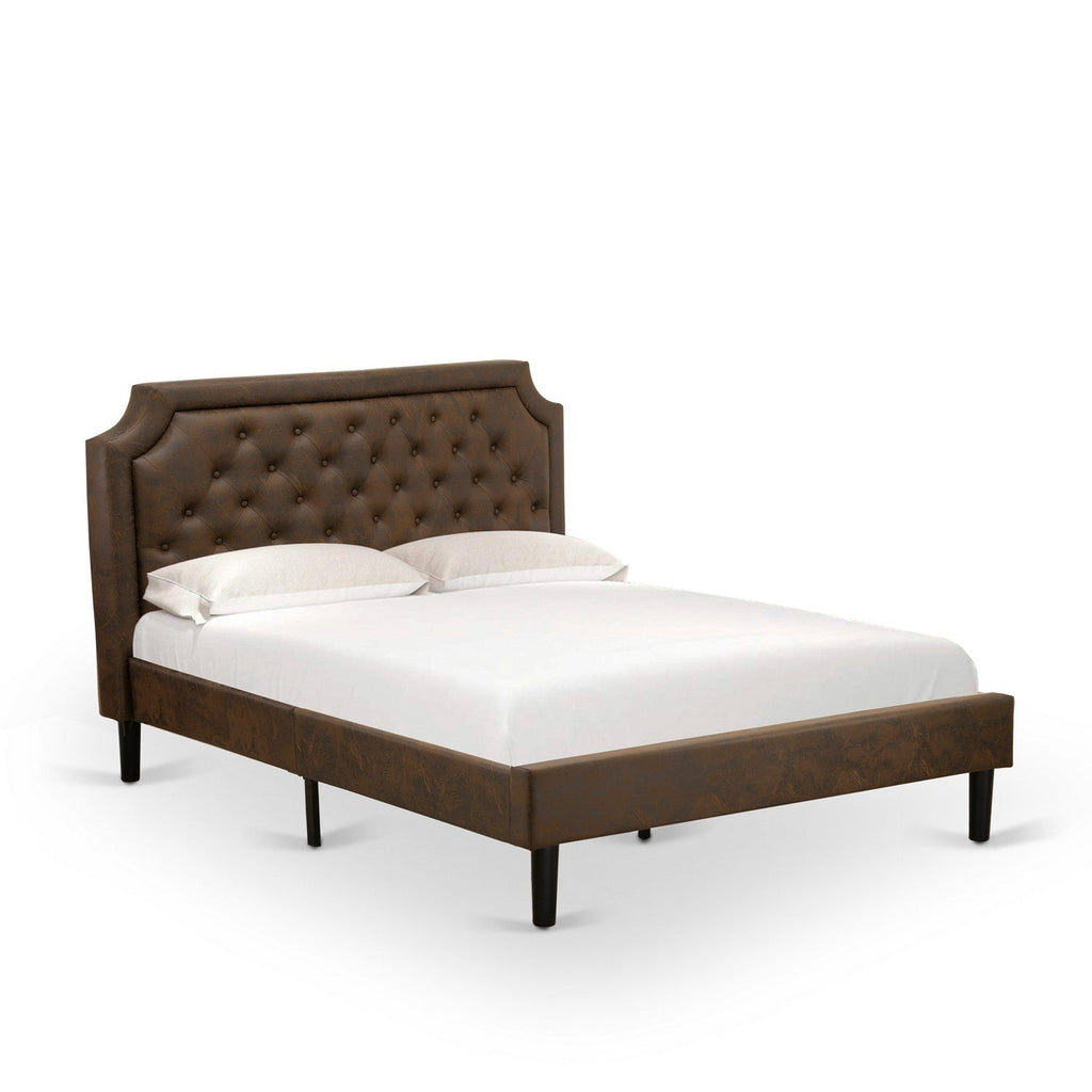 GB25Q-1DE07 2-Piece Queen Bed Set Furniture with Button Tufted Platform Bed and 1 Distressed Jacobean Bedroom Nightstand - Dark Brown Faux Leather with Black Texture and Black Legs