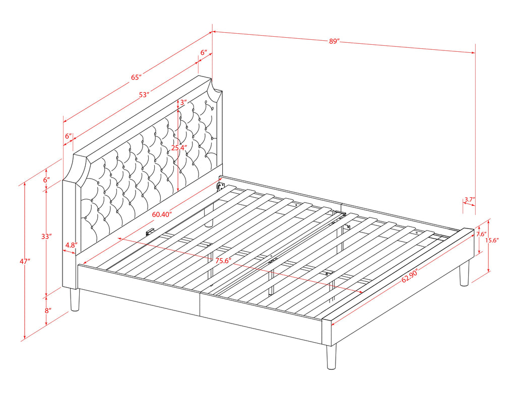 GB25Q-2DE07 3-Piece Granbury Bed Set with Button Tufted Wood Bed Frame and 2 Distressed Jacobean Night Stands - Dark Brown Faux Leather with Black Texture and Black Legs