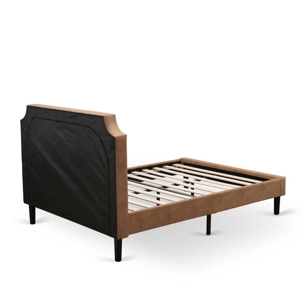 GB28F-1BF07 2-Piece Platform Bedroom Set with Button Tufted Bed Frame and a Distressed Jacobean Mid Century Modern Nightstand - Brown Faux Leather with Brown Texture and Black Legs