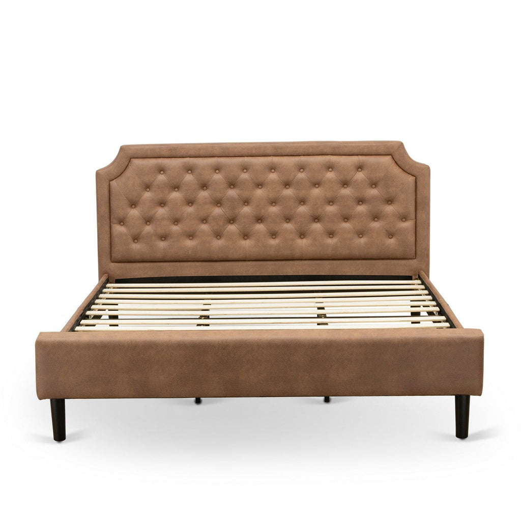 GB28K-2GA07 3-Piece Platform Bed Set with Button Tufted Modern Bed and 2 Distressed Jacobean End Tables - Brown Faux Leather with Brown Texture and Black Legs
